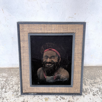 Vintage Papuan Highlander Portrait Painting in Original Hessian Frame