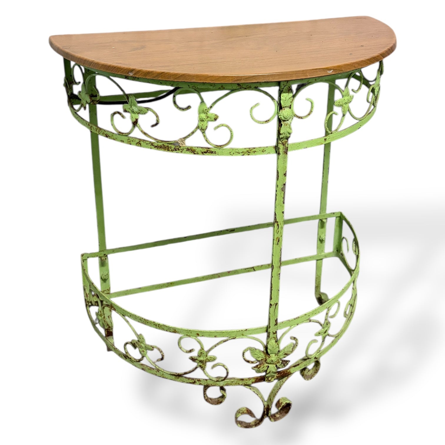 Vintage Wrought Iron Demi-Lune Console Table with Wooden Top — view 2