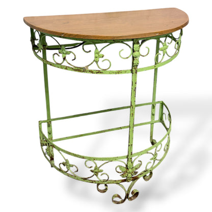 Vintage Wrought Iron Demi-Lune Console Table with Wooden Top — view 2