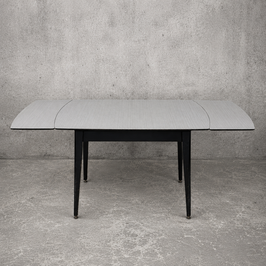 Mid Century Space Age Black & White Formica Draw Leaf Extending Dining Table