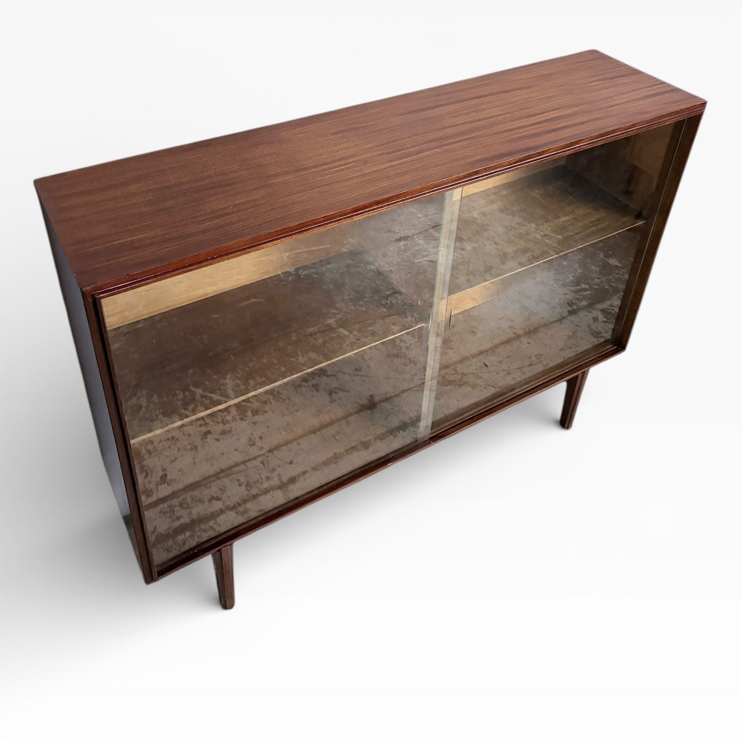 Beaver & Tapley Sliding Glass Bookcase by Richard Hornby Mid Century Teak Display Cabinet