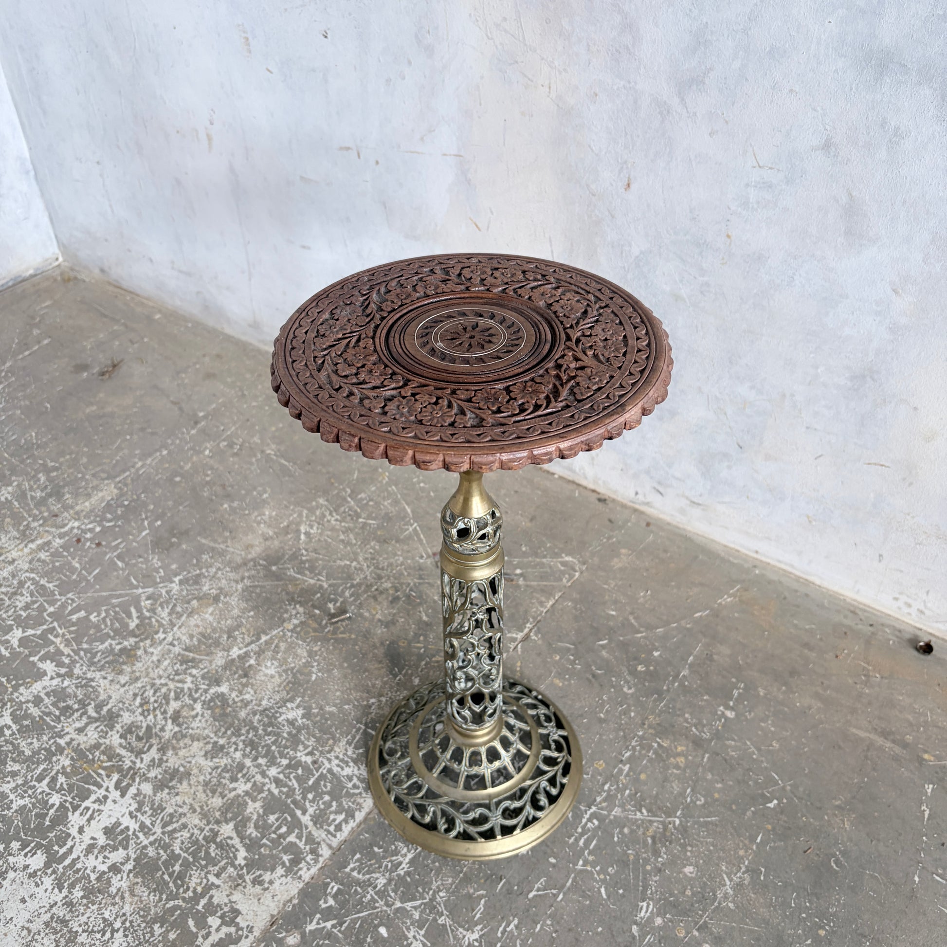 Antique Hand-Carved Wooden & Brass Plant Stand | Indian Carved Pedestal Side Table