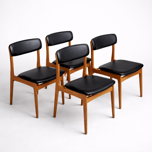 Mid Century Danish Teak Dining Chairs – Set of 4 Black Vinyl Seats