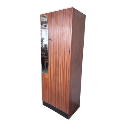Mid Century Atomic Teak Single Wardrobe with Mirror Door – Compact Hanging Cabinet