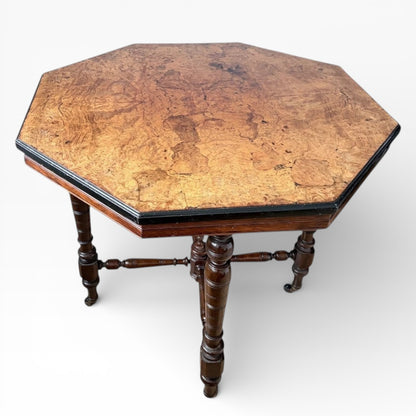 Antique Burr Walnut Table | Compact Octagonal Dining Table with Ebonised Edge & Mahogany Base