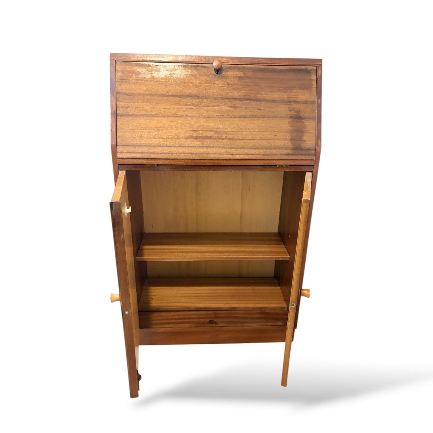 Mid Century Teak & Walnut Bureau Desk by Morris of Glasgow – Drop Front Writing Cabinet