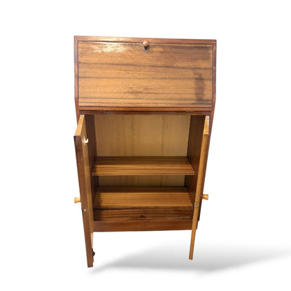 Mid Century Teak & Walnut Bureau Desk by Morris of Glasgow – Drop Front Writing Cabinet