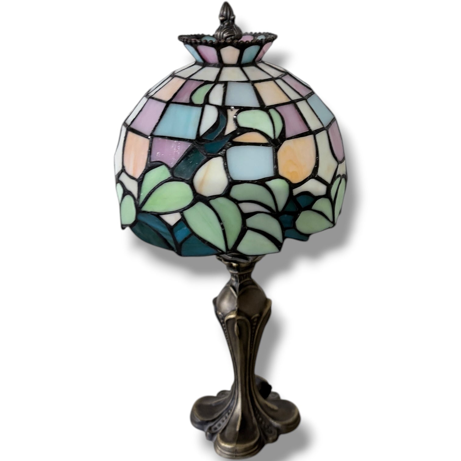 Tiffany Stained Glass Lamp – Vintage Table Lamp with Pastel Floral Shade & Bronze Base — view 8