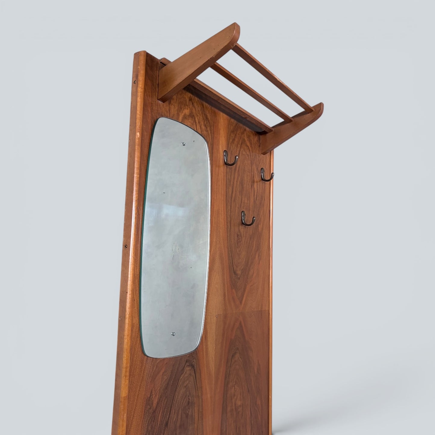 Mid Century Walnut Hall Stand with Mirror, Umbrella Stand & Shoe Cabinet