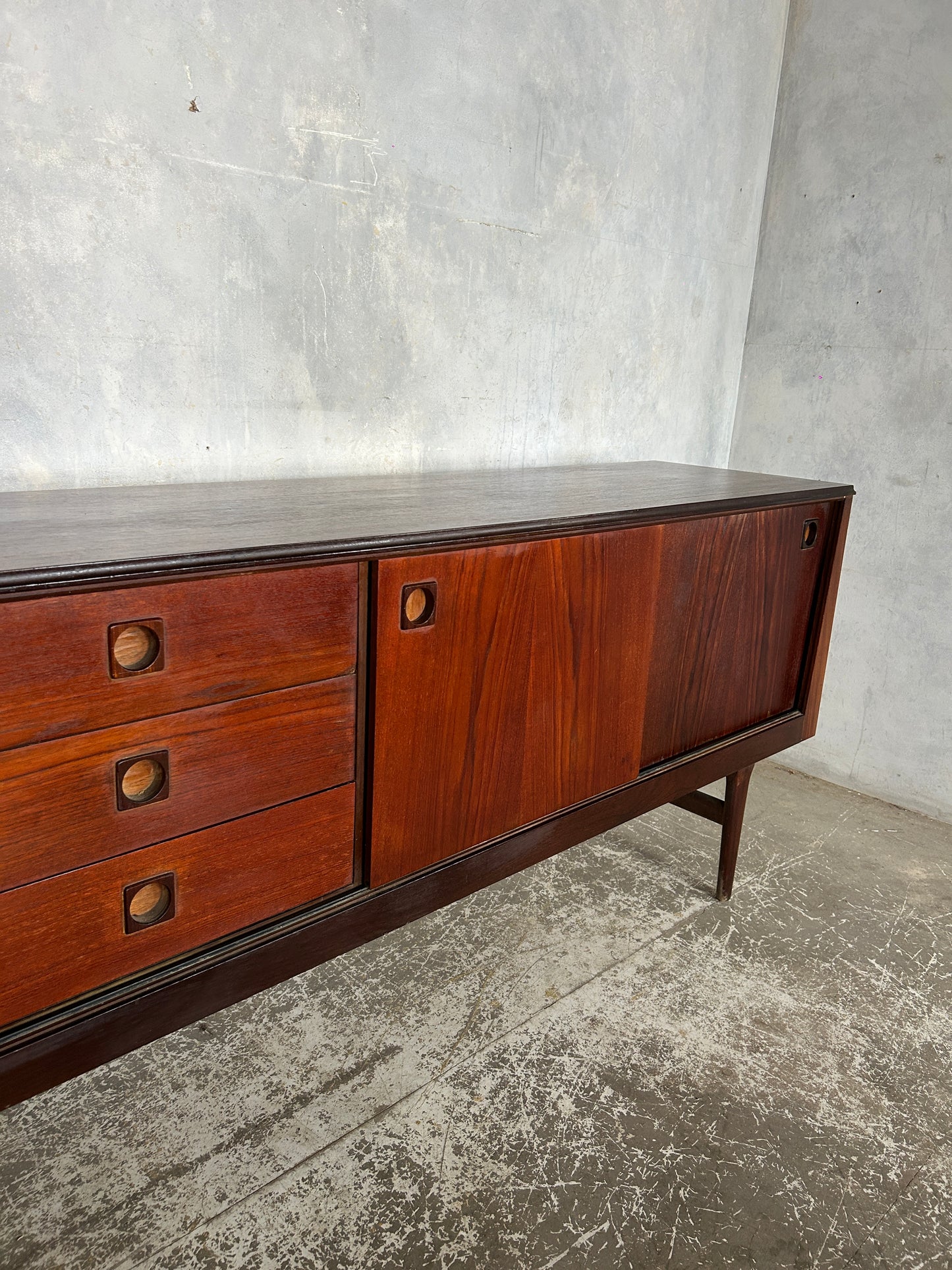Danish Mid-Century Rosewood Sideboard | Vintage Long Credenza with Drawers & Sliding Doors