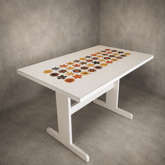 Mid Century Space Age Floral Formica Dining Table – Retro 1970s White Kitchen Table
