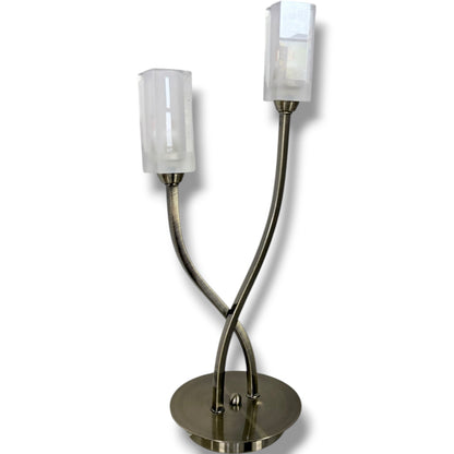 Vintage Table Lamp – Twin Arm Lamp with Frosted Glass Shades | Brass Effect Light