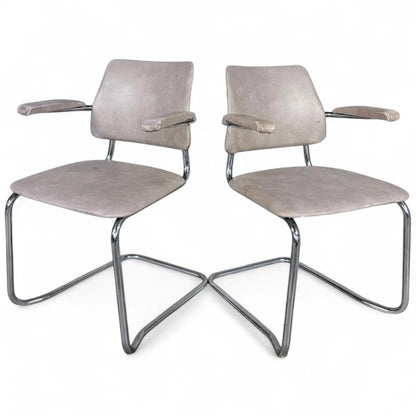 Pair of Mid Century Chrome Cantilever Dining Chairs / Bauhaus Style Stacking Chairs