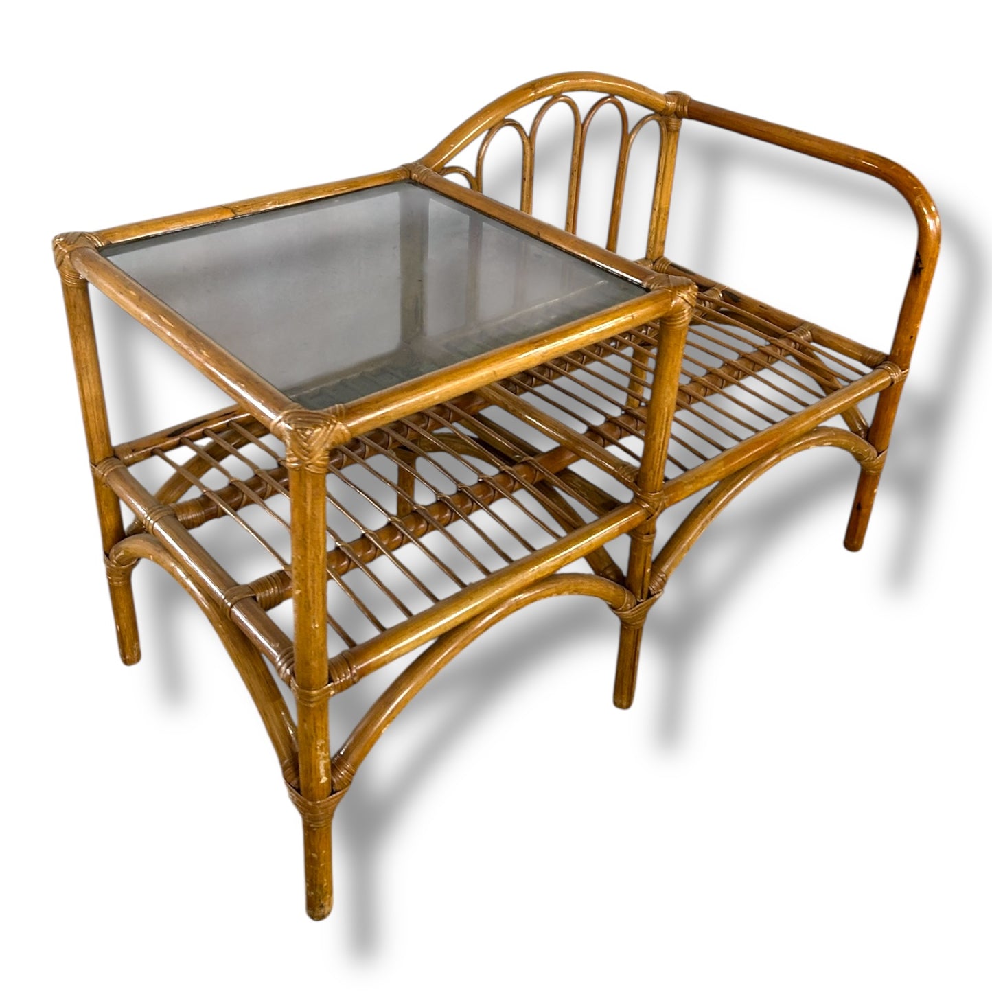 Vintage Bamboo Telephone Table with Smoked Glass Top | Boho Mid Century Rattan Hallway Seat