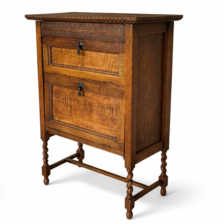 Antique Oak Two-Tier Cabinet with Turned Legs