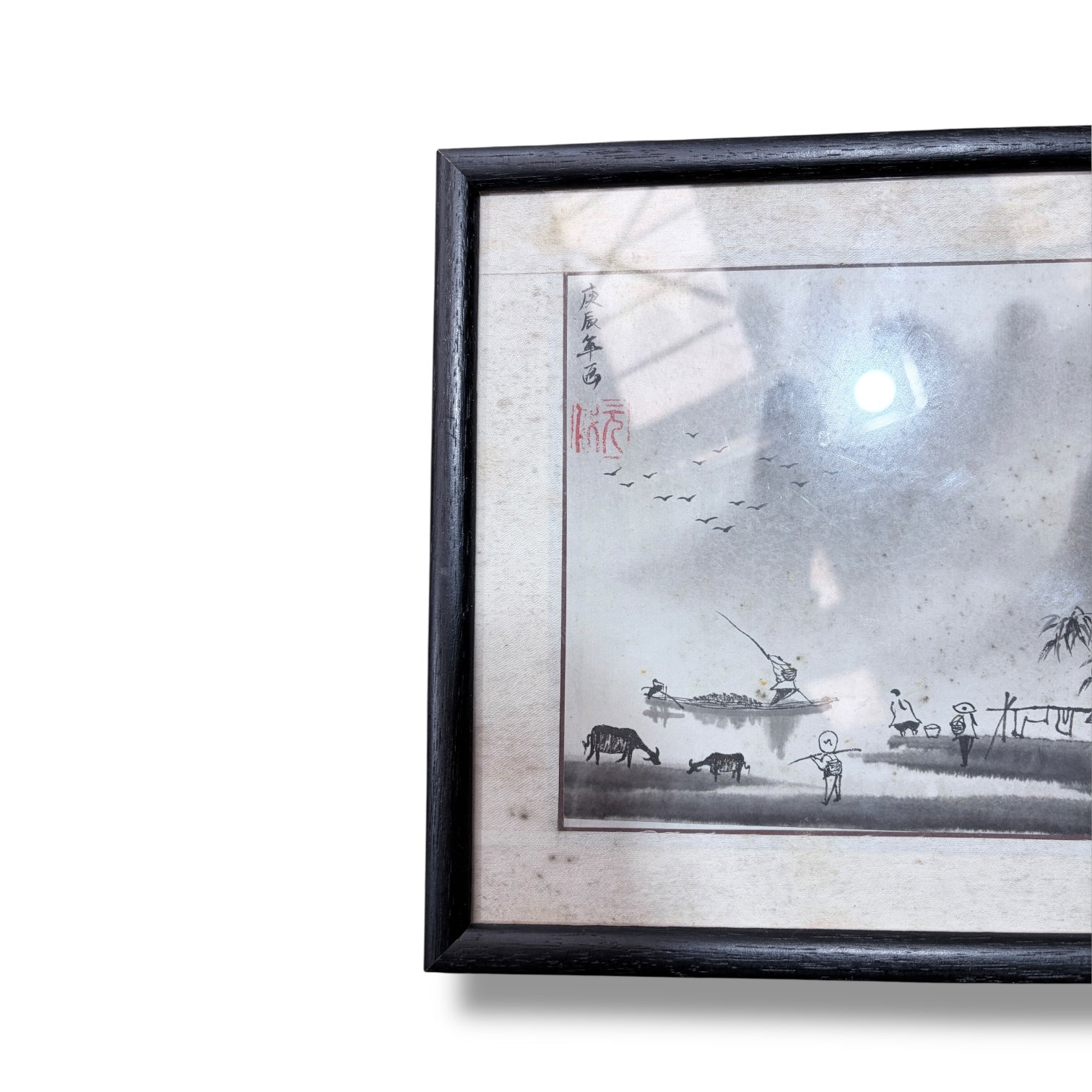 Vintage Oriental Ink Landscape Painting – Framed Asian Watercolour Artwork — view 5