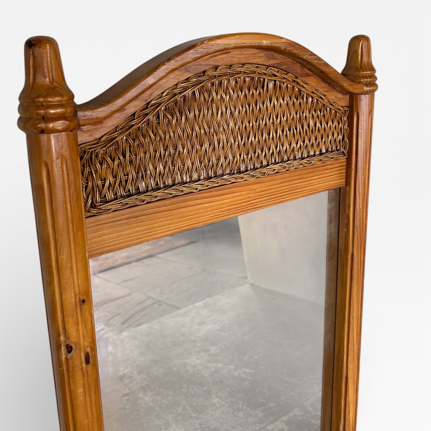 Antique Farmhouse Mirror – Large English Pine Rustic Wall Mirror with Arched Wicker Panel