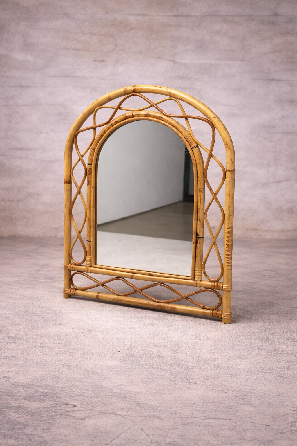 Mid Century Vintage French Bamboo Woven Arch Mirror