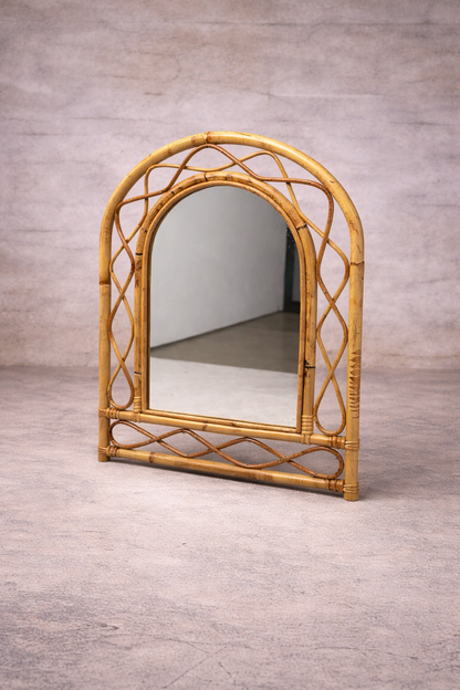 Mid Century Vintage French Bamboo Woven Arch Mirror