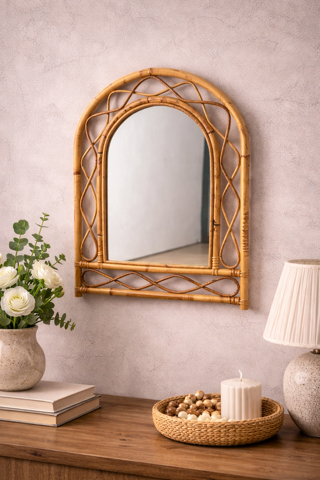 Mid Century Vintage French Bamboo Woven Arch Mirror — view 2