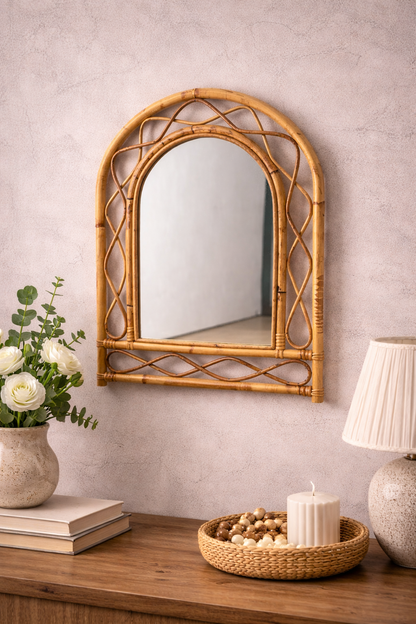 Mid Century Vintage French Bamboo Woven Arch Mirror — view 2