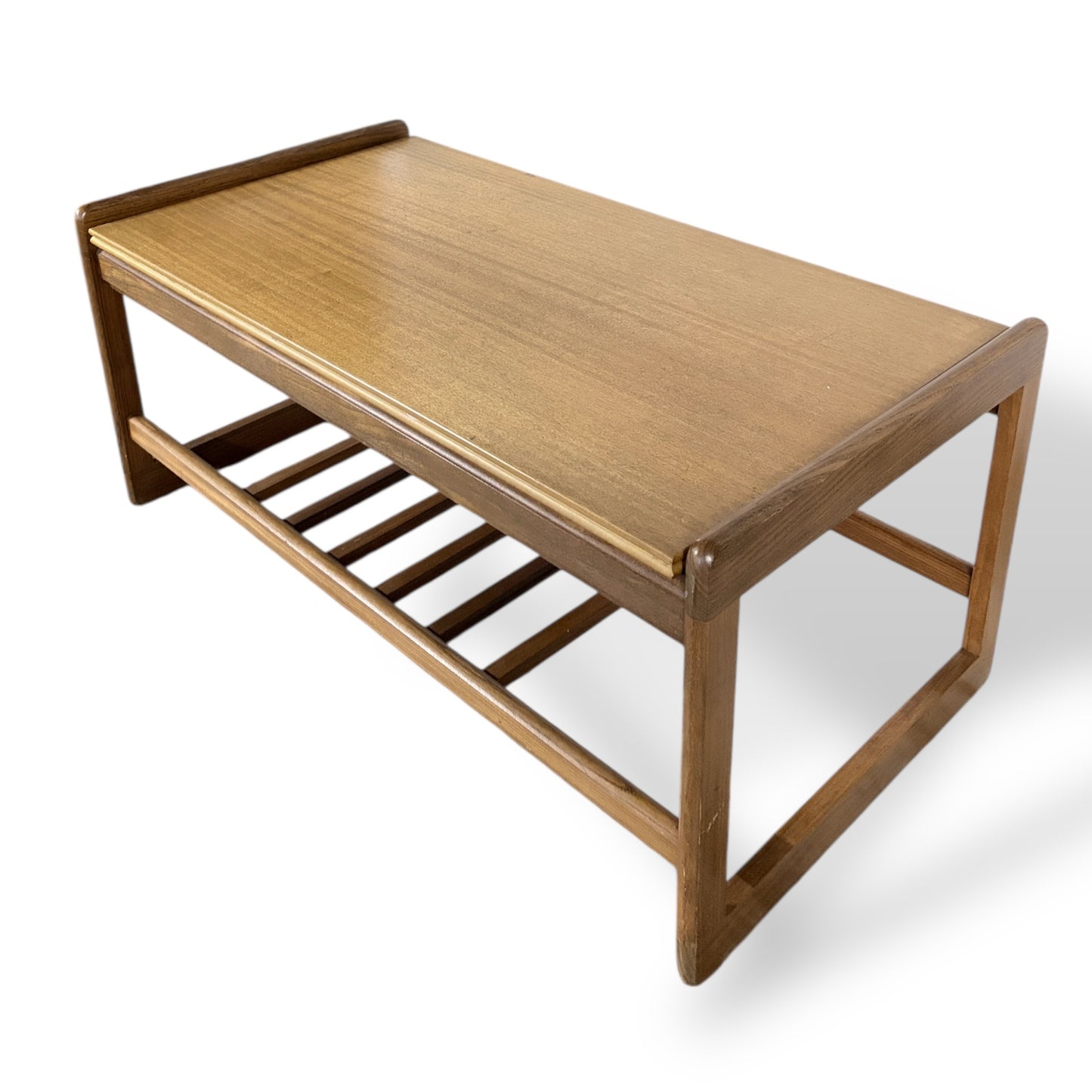 Mid-Century Teak Floating Top Coffee Table with Slatted Shelf