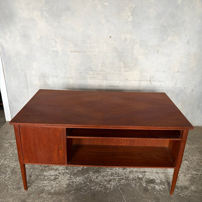 Rear and desktop view of mid-century Danish teak executive desk