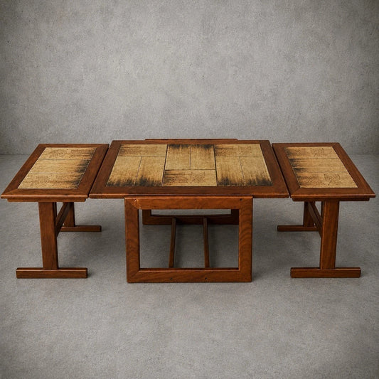 Mid Century Tile Top Coffee Table with Extending Side Tables – image 1