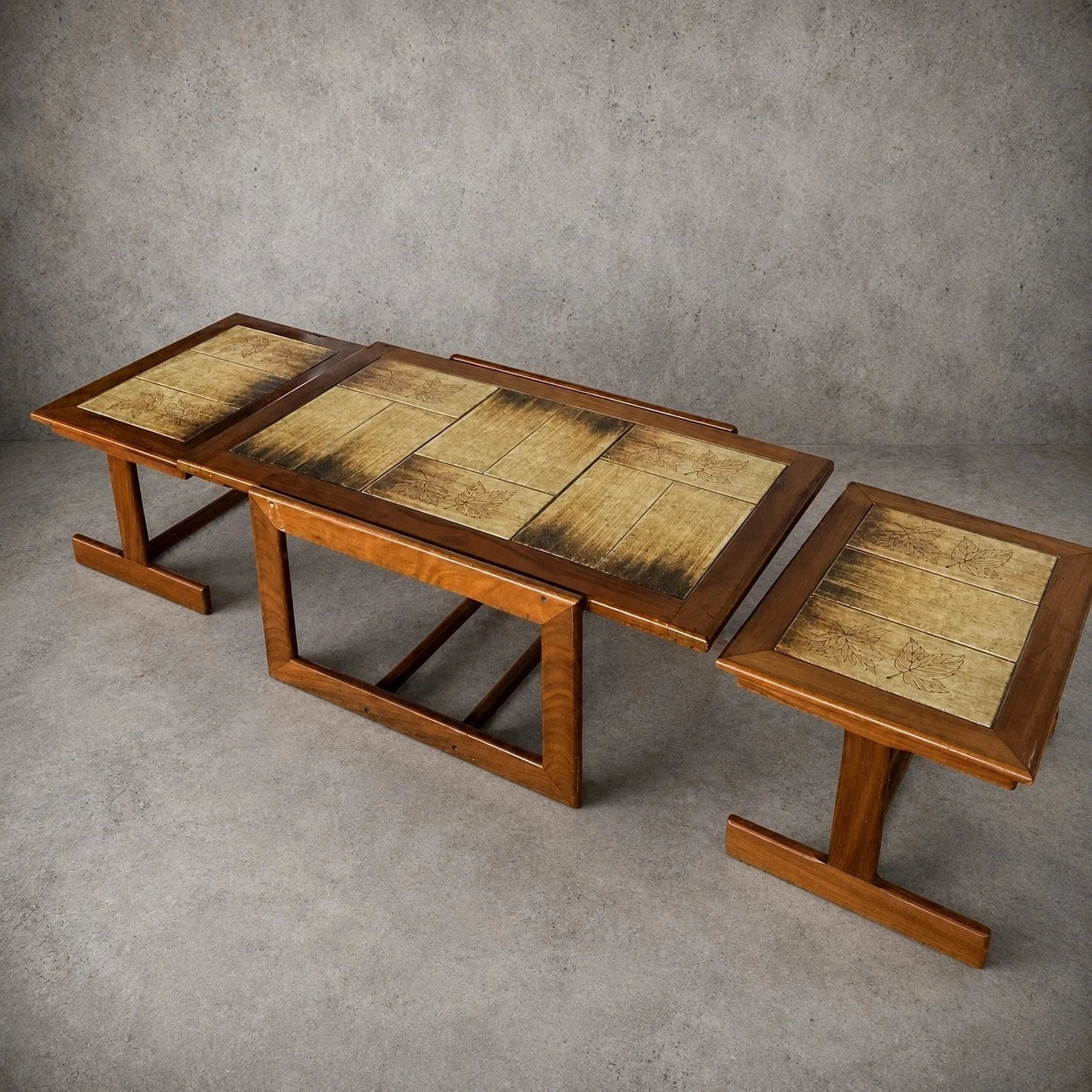 Mid Century Tile Top Coffee Table with Extending Side Tables – image 3