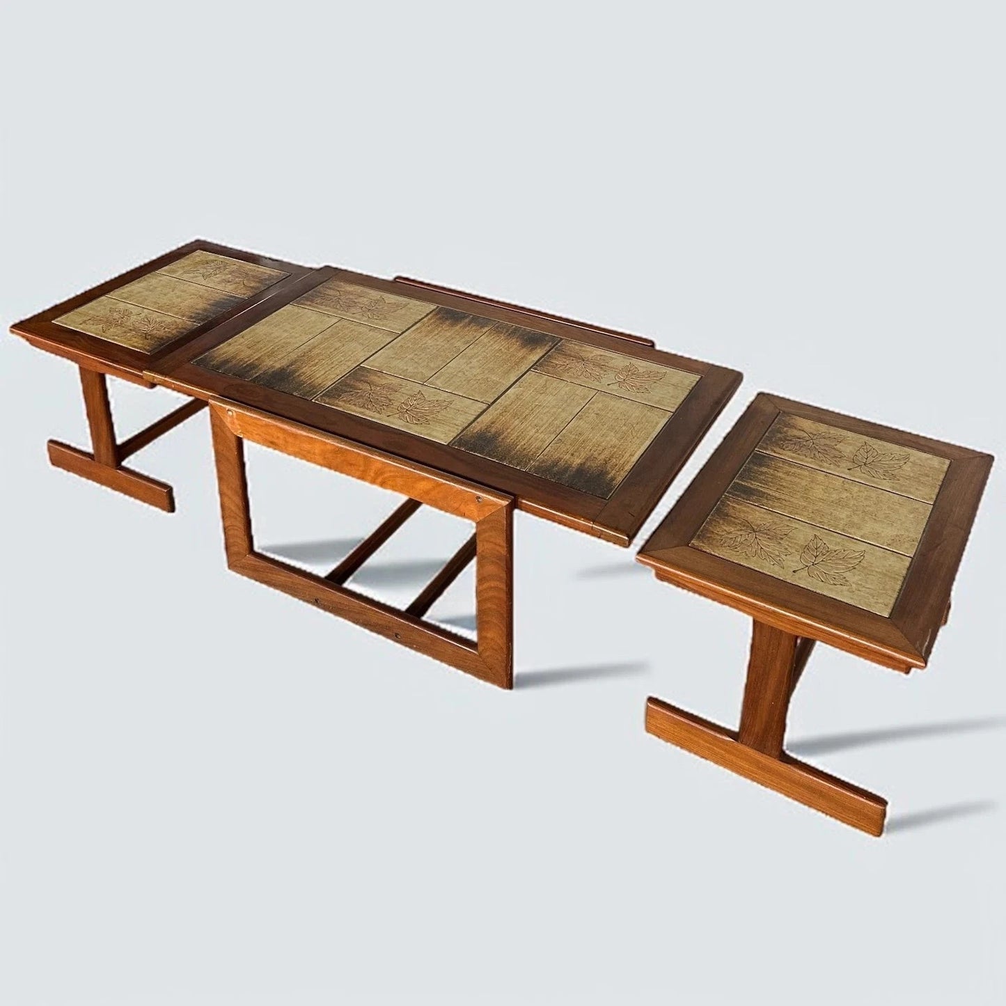 Mid Century Tile Top Coffee Table with Extending Side Tables – image 5