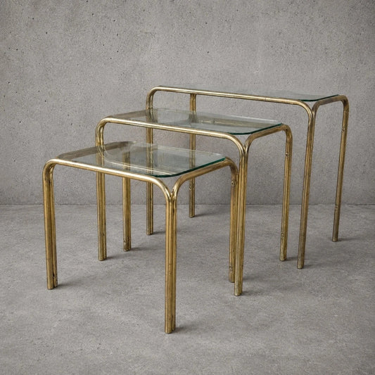 Mid-Century Brass & Glass Nesting Tables – Set of Three - view 1