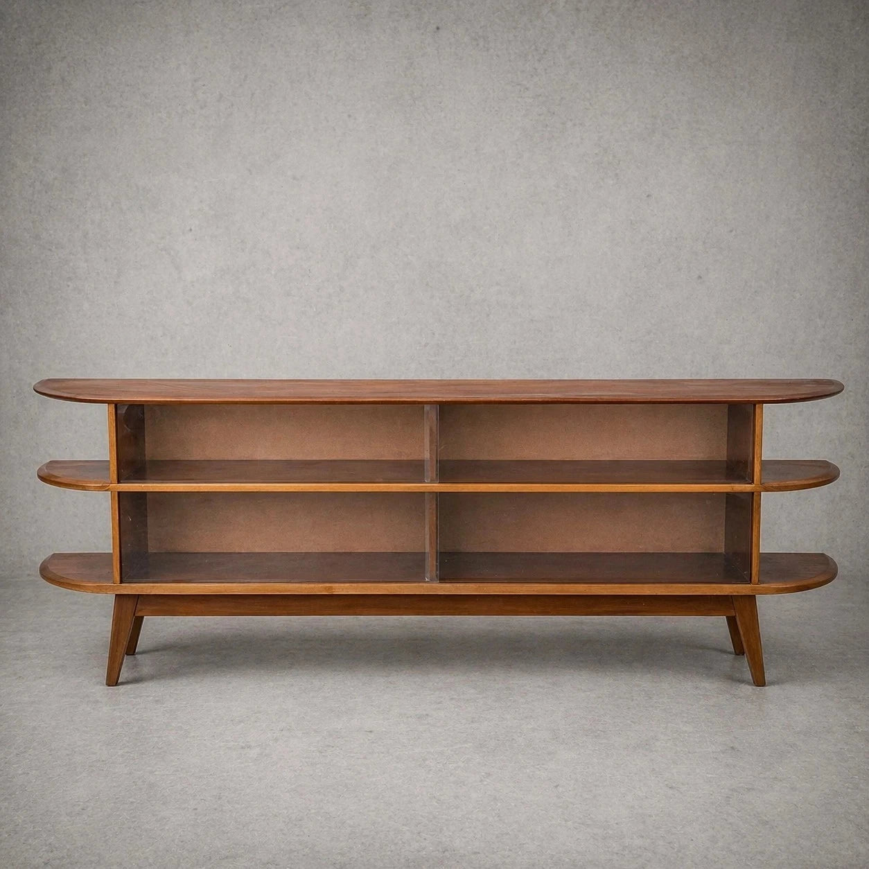 Large Mid Century Teak Display Cabinet Media Console – Curved Open Shelving Unit – image 1