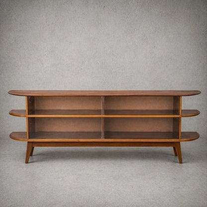 Large Mid Century Teak Display Cabinet Media Console – Curved Open Shelving Unit – image 1