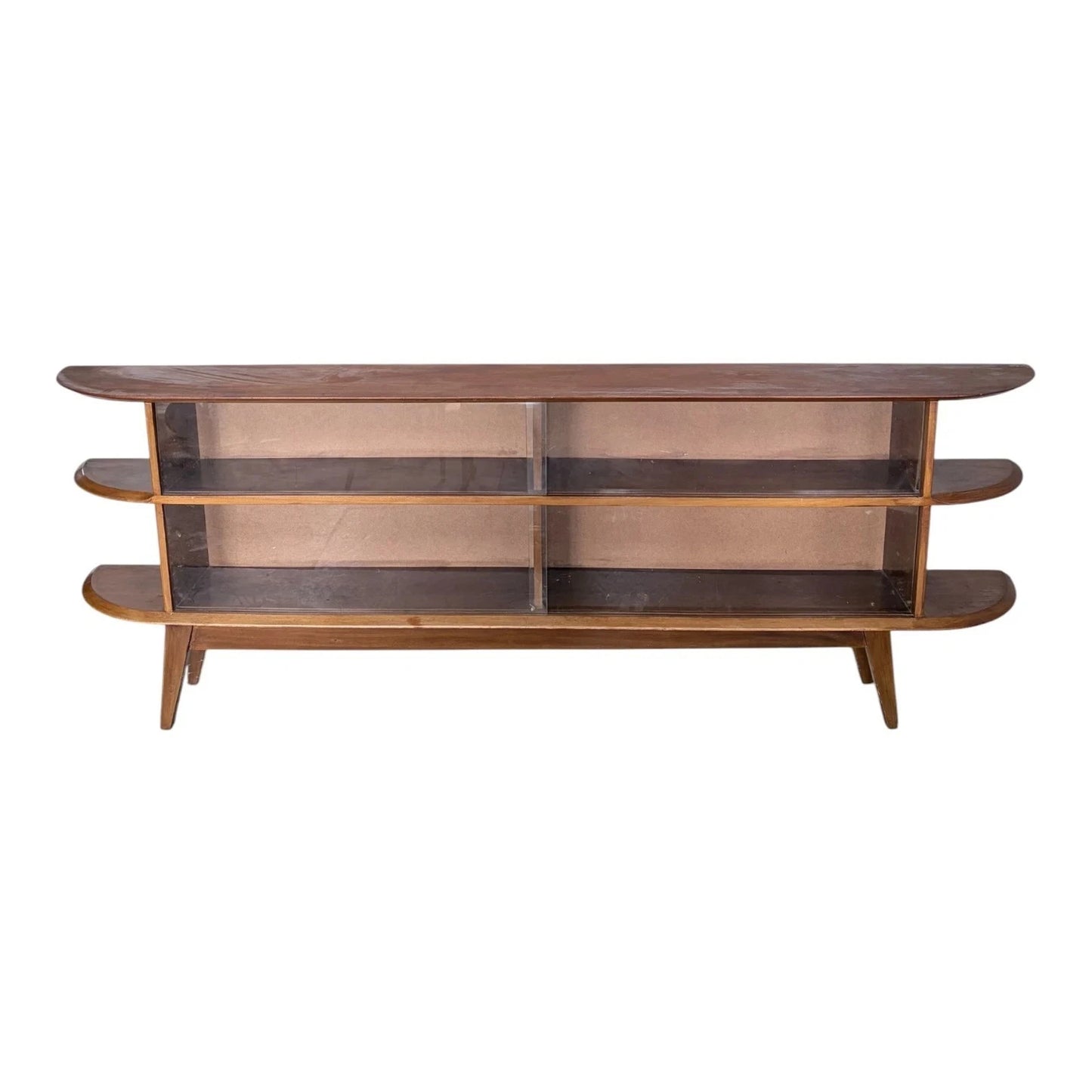 Large Mid Century Teak Display Cabinet Media Console – Curved Open Shelving Unit – image 5