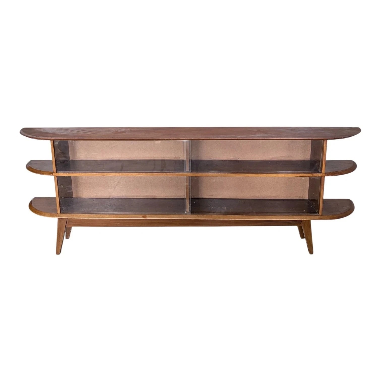 Large Mid Century Teak Display Cabinet Media Console – Curved Open Shelving Unit – image 5