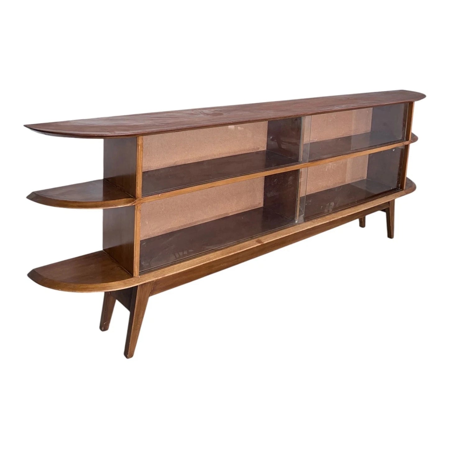Large Mid Century Teak Display Cabinet Media Console – Curved Open Shelving Unit – image 6