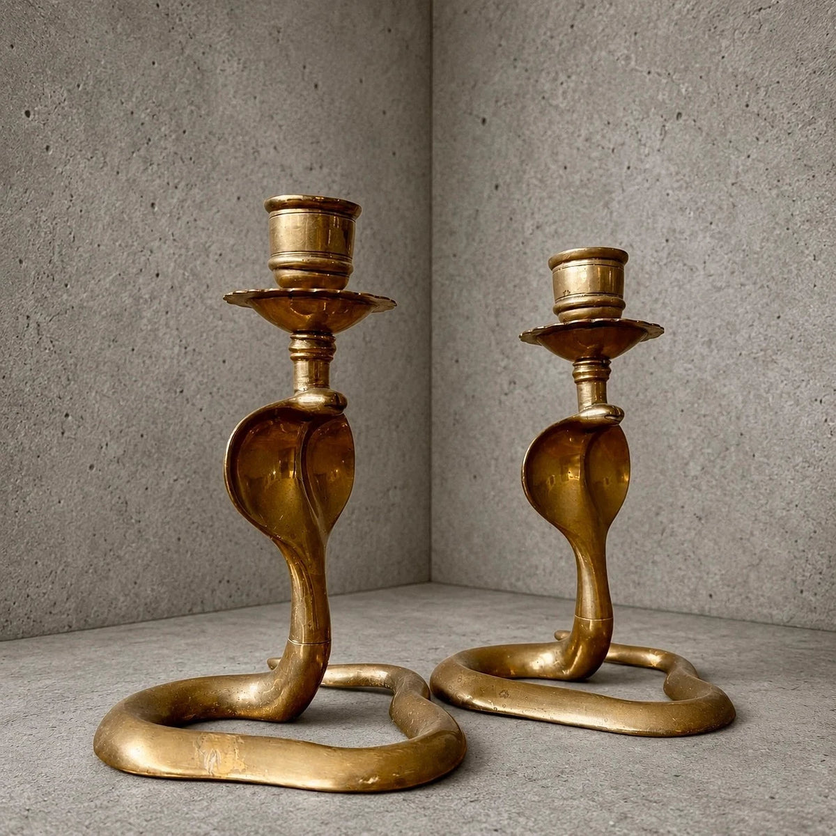 Pair of Mid Century Brass Cobra Snake Candlestick Holders - image 1
