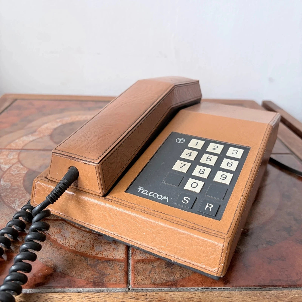 Vintage British Telecom Tan Faux Leather Push Button Telephone – Mid Century - image 4