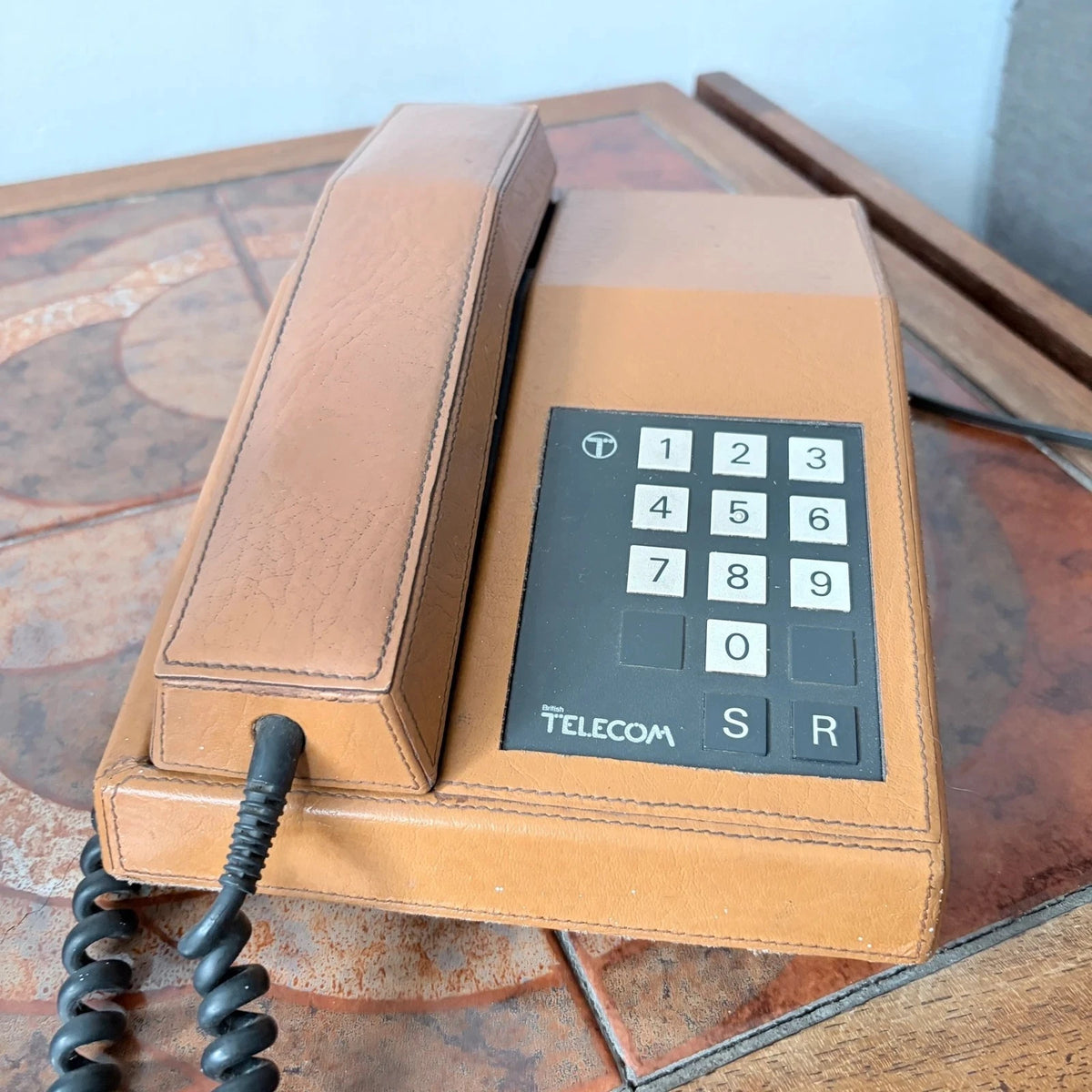 Vintage British Telecom Tan Faux Leather Push Button Telephone – Mid Century - image 5