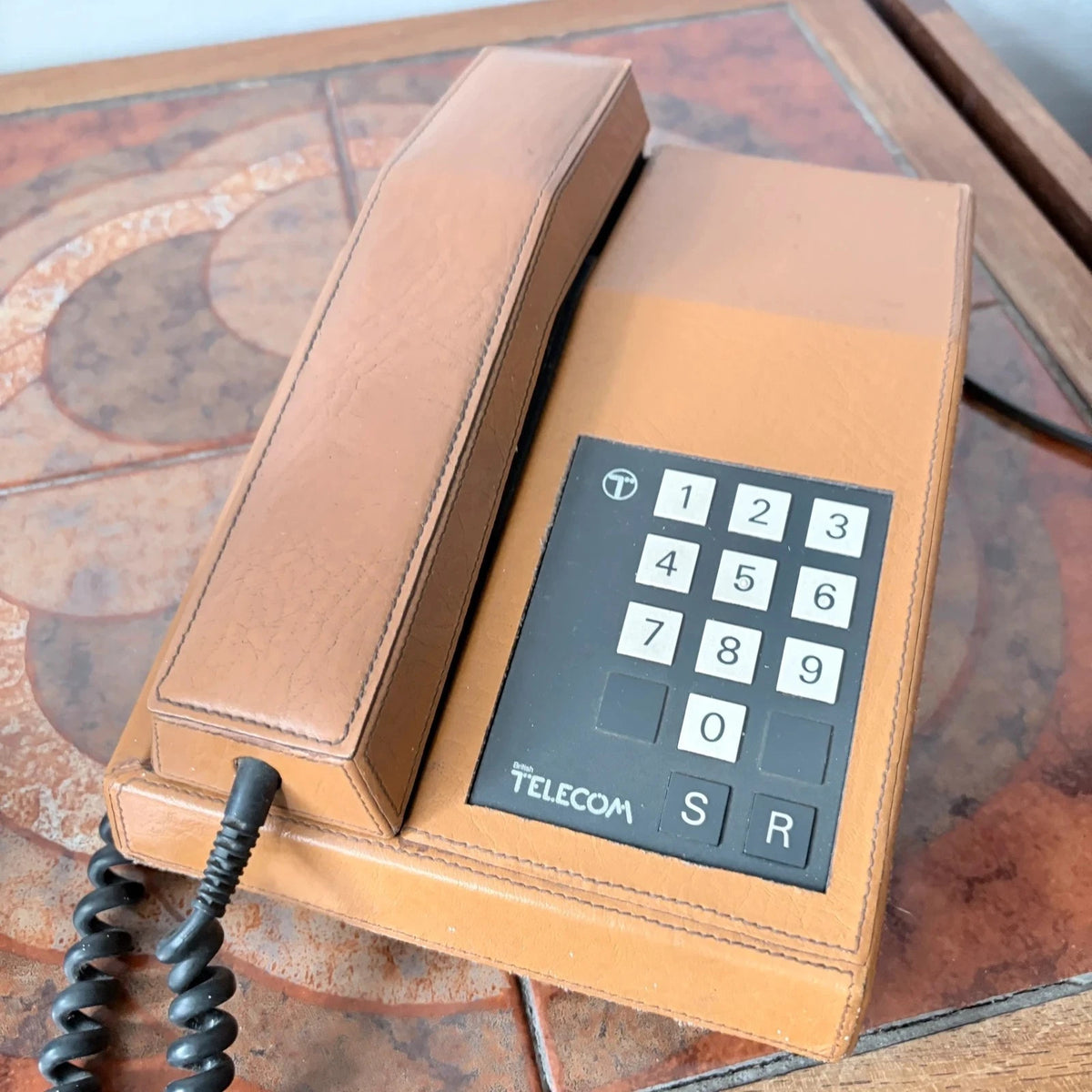 Vintage British Telecom Tan Faux Leather Push Button Telephone – Mid Century - image 6