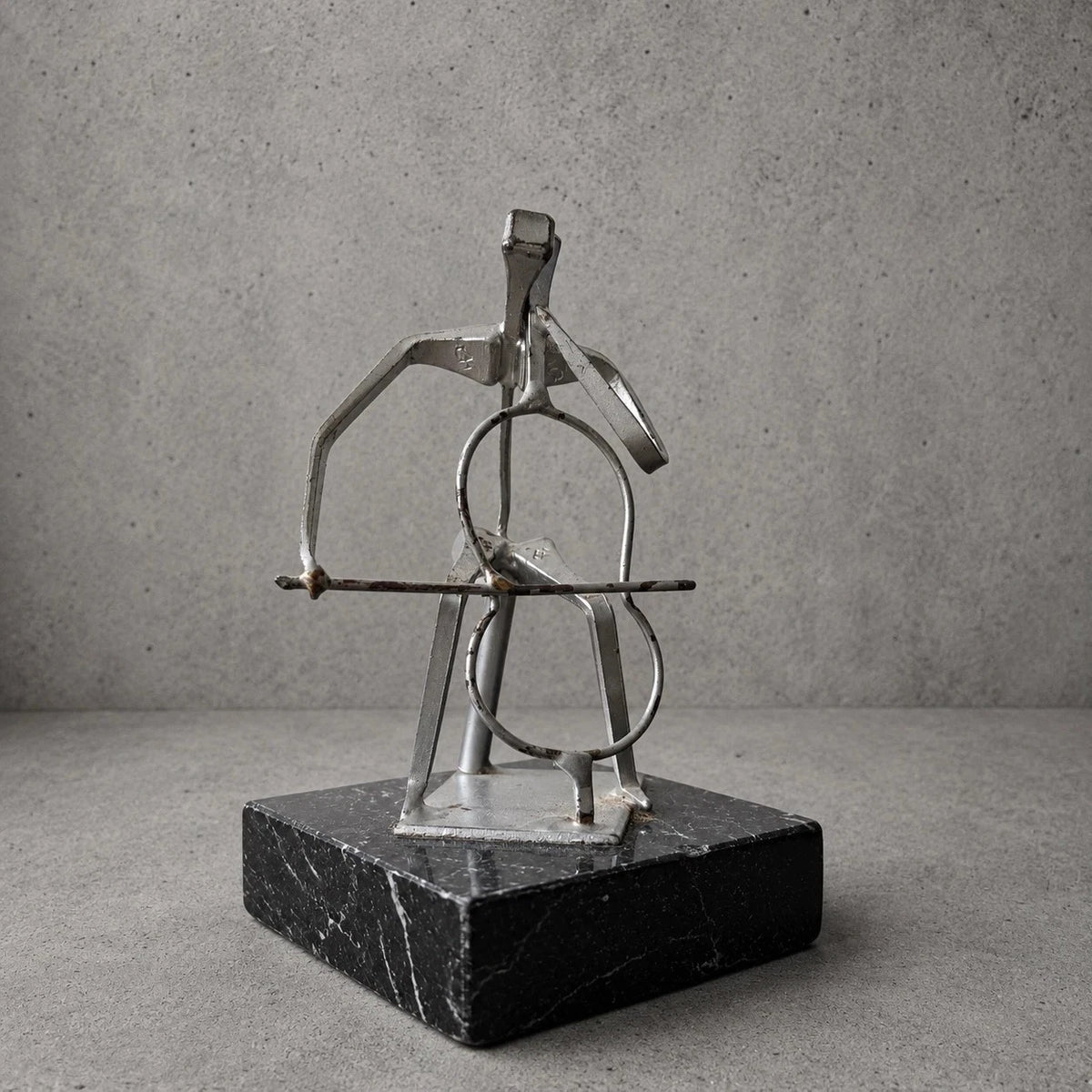 Mid Century Abstract Metal Cellist Sculpture on Black Marble Base Brutalist - image 1