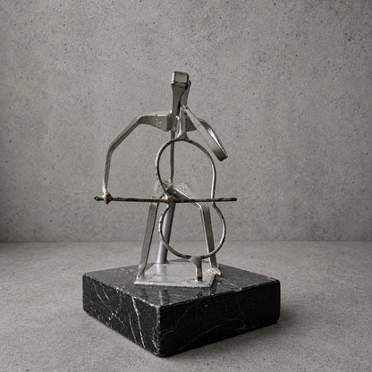 Mid Century Abstract Metal Cellist Sculpture on Black Marble Base Brutalist - image 1