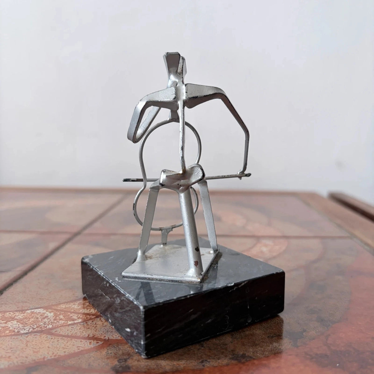 Mid Century Abstract Metal Cellist Sculpture on Black Marble Base Brutalist - image 2
