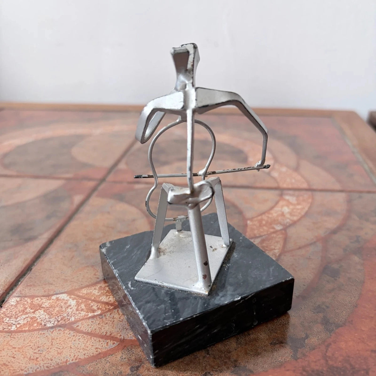 Mid Century Abstract Metal Cellist Sculpture on Black Marble Base Brutalist - image 3