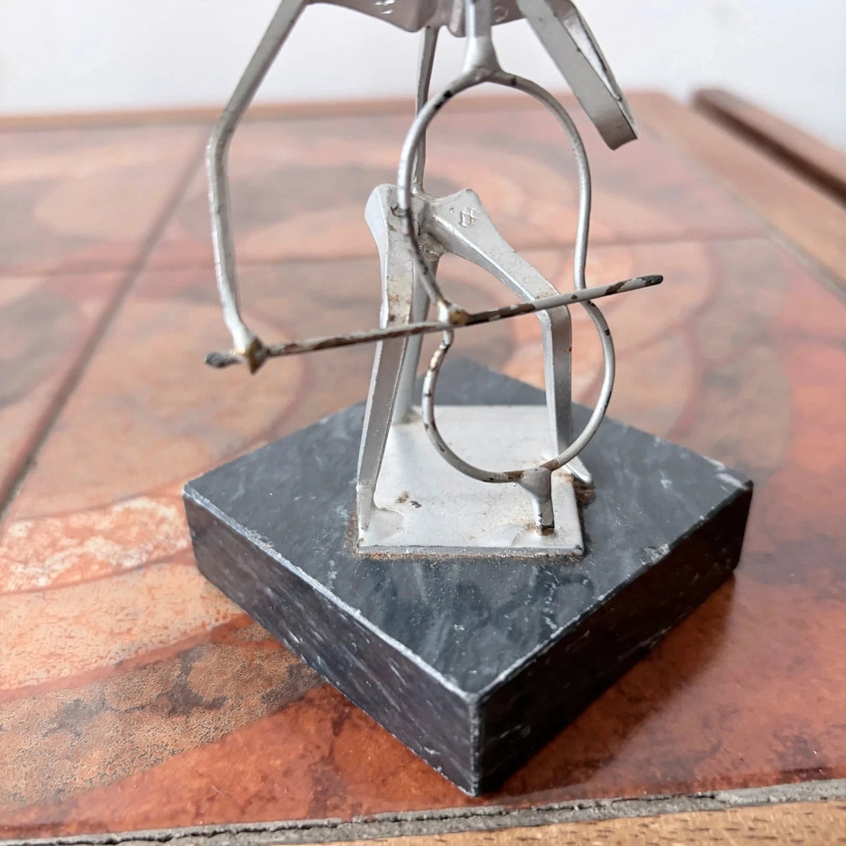 Mid Century Abstract Metal Cellist Sculpture on Black Marble Base Brutalist - image 5