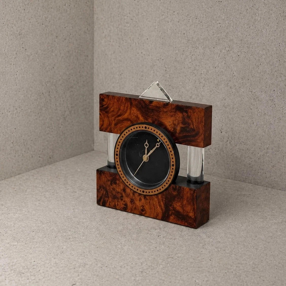 Italian Burr Walnut & Lucite Mantel Clock – view 1