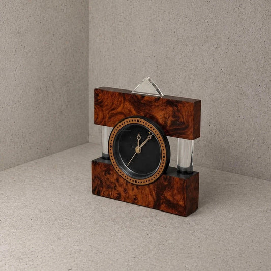 Italian Burr Walnut & Lucite Mantel Clock – view 1