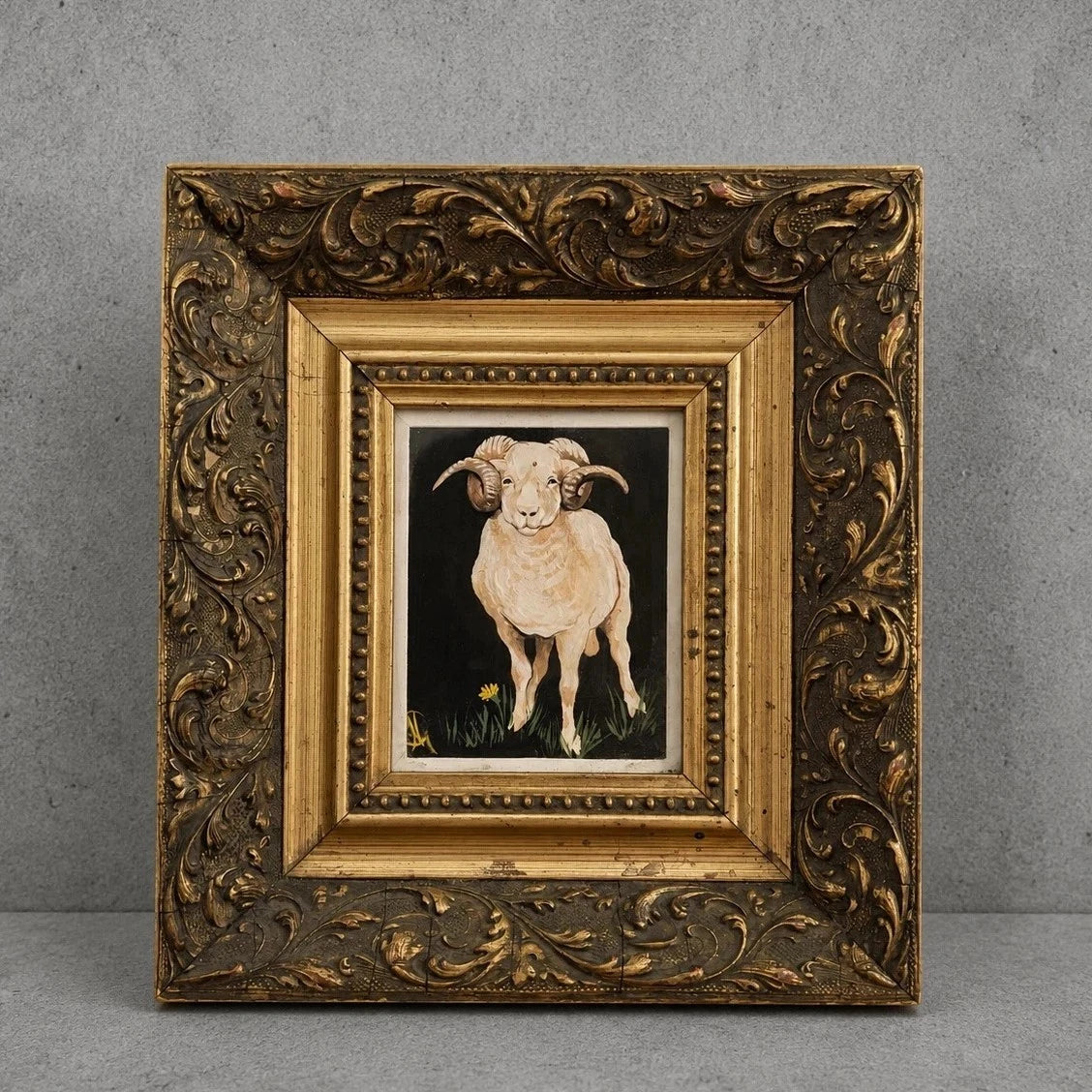 Vintage 1960s Oil Painting of a Ram in Ornate Gilt Frame – view 1