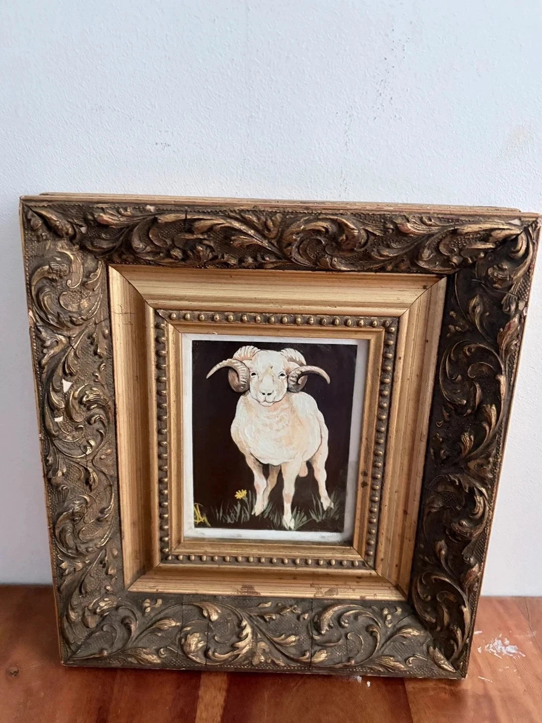 Vintage 1960s Oil Painting of a Ram in Ornate Gilt Frame – view 2