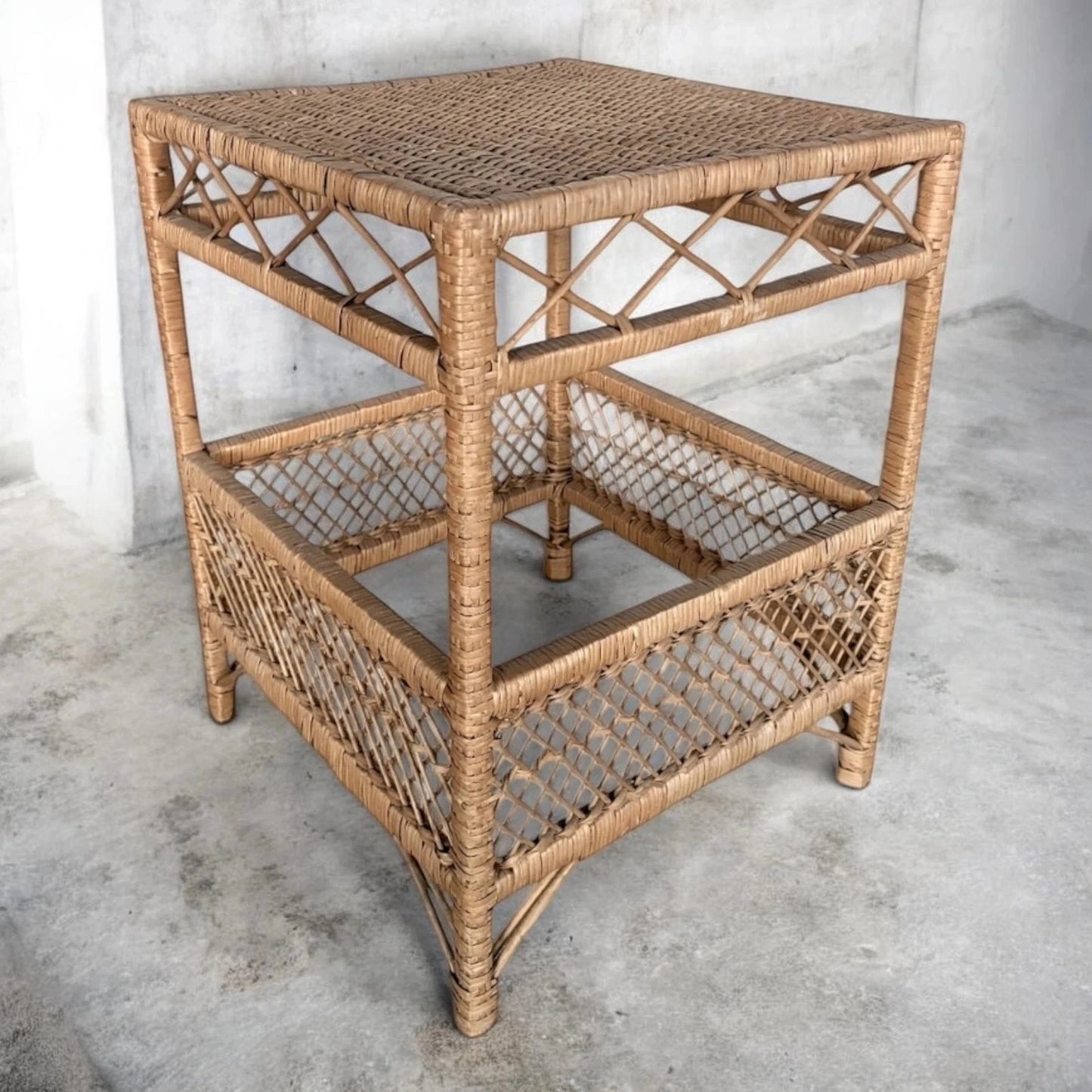 Vintage Bamboo & Rattan Side Table with Open Shelf - image 1
